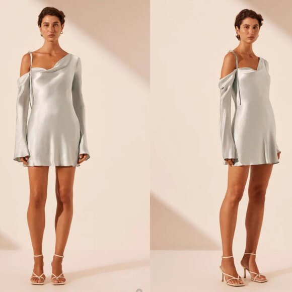 Shona Joy Dresses & Skirts - Shona Joy La Lune Asymmetrical Long Sleeve Mini Dress - Silver - Size 6
